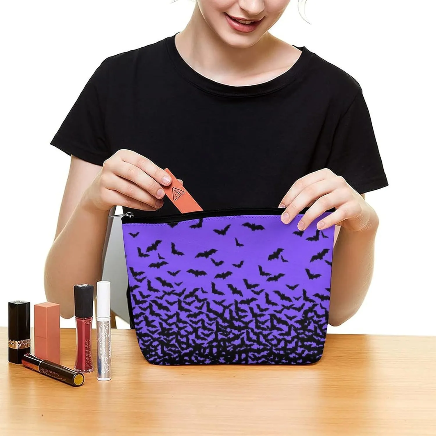 Makeup Bags Cosmetic Pouch Travel Zipper Cosmetic Organizer 3D Printed Toiletry Bag Printing Pencil Bag for Women Supplies Gifts (Happy Halloween Bat Black Purple)