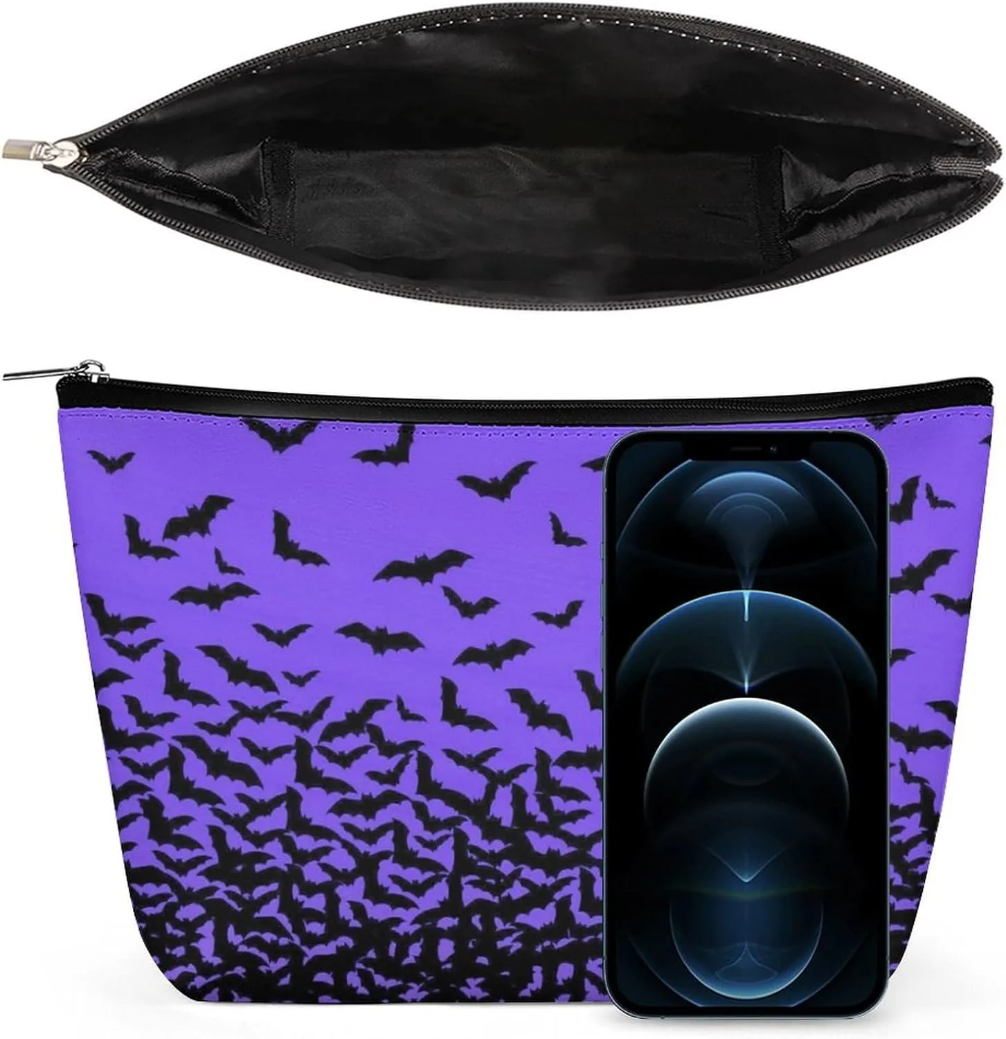 Makeup Bags Cosmetic Pouch Travel Zipper Cosmetic Organizer 3D Printed Toiletry Bag Printing Pencil Bag for Women Supplies Gifts (Happy Halloween Bat Black Purple)