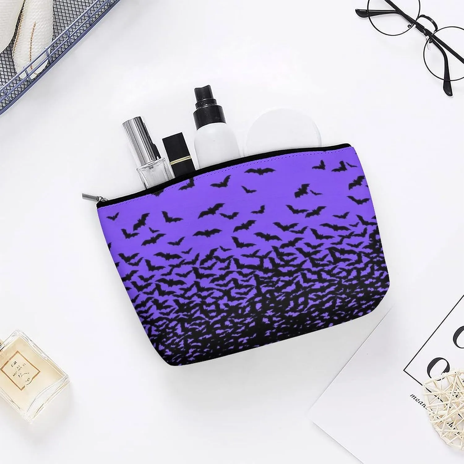 Makeup Bags Cosmetic Pouch Travel Zipper Cosmetic Organizer 3D Printed Toiletry Bag Printing Pencil Bag for Women Supplies Gifts (Happy Halloween Bat Black Purple)