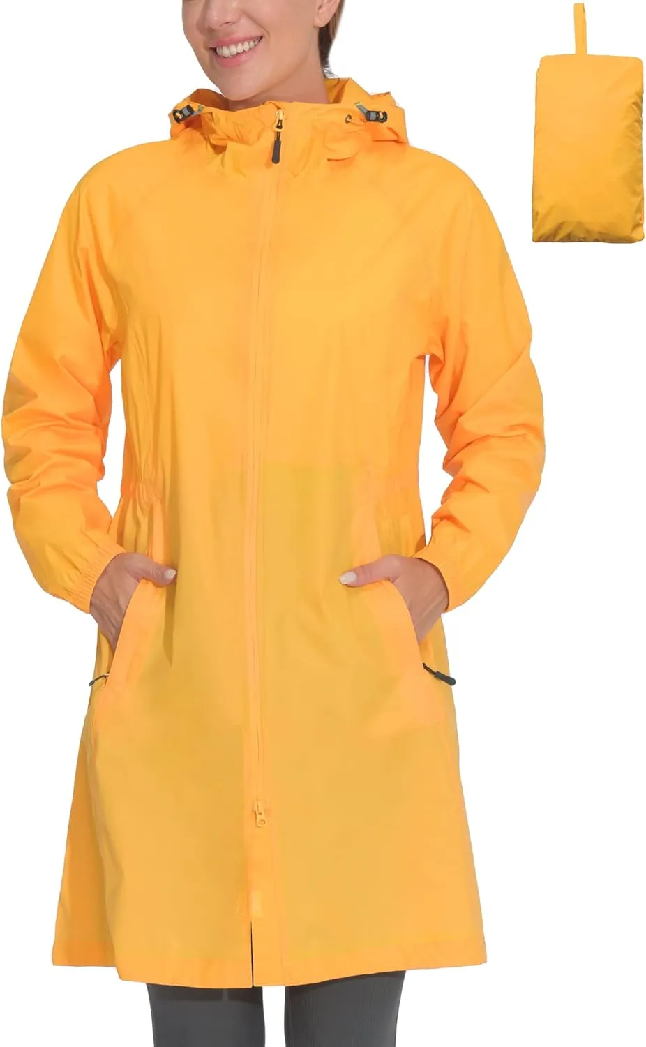 Mapamyumco Women's Ultra-Light Packable Waterproof Long Rain Jacket, Hooded Raincoat with Zipper Pockets