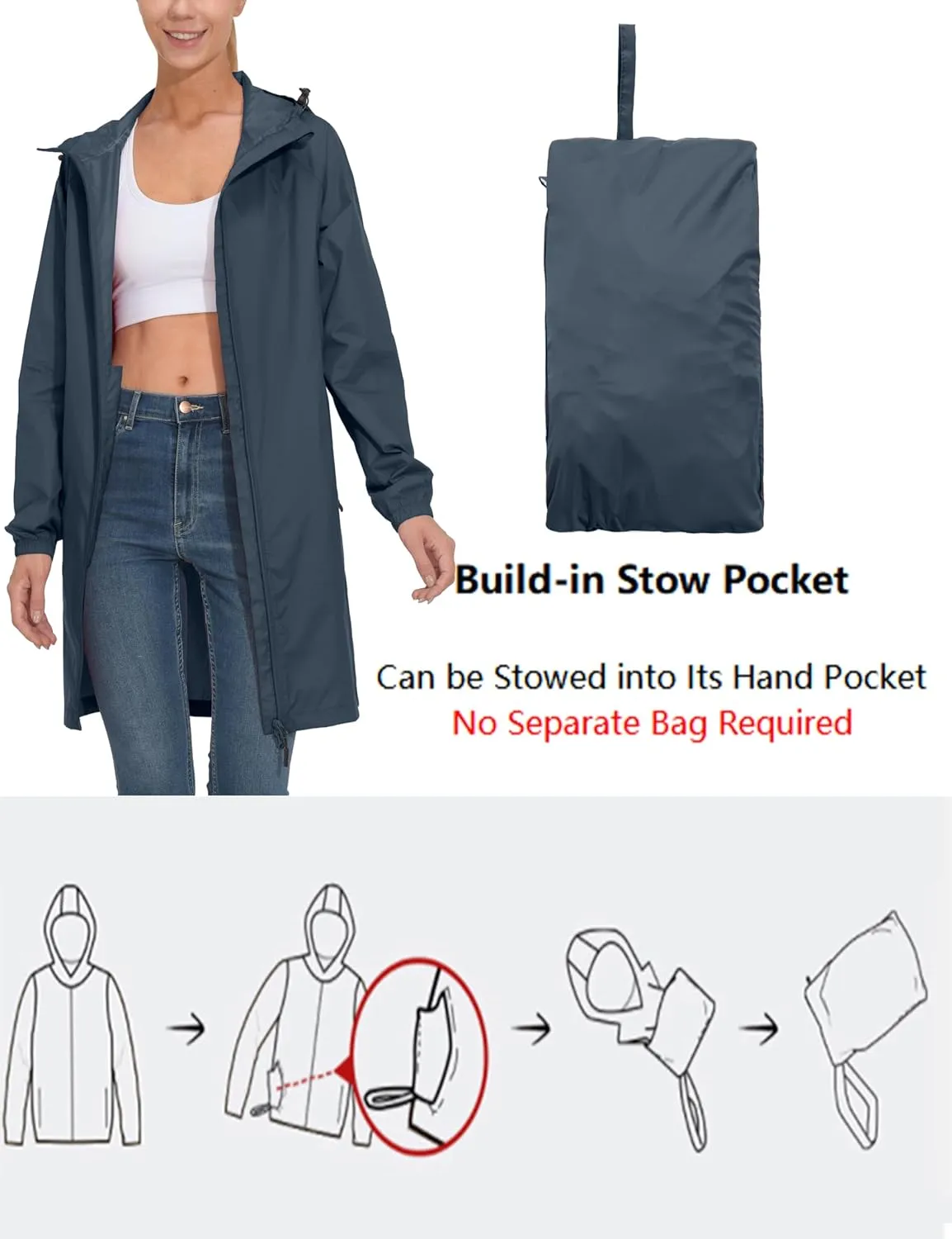 Mapamyumco Women's Ultra-Light Packable Waterproof Long Rain Jacket, Hooded Raincoat with Zipper Pockets