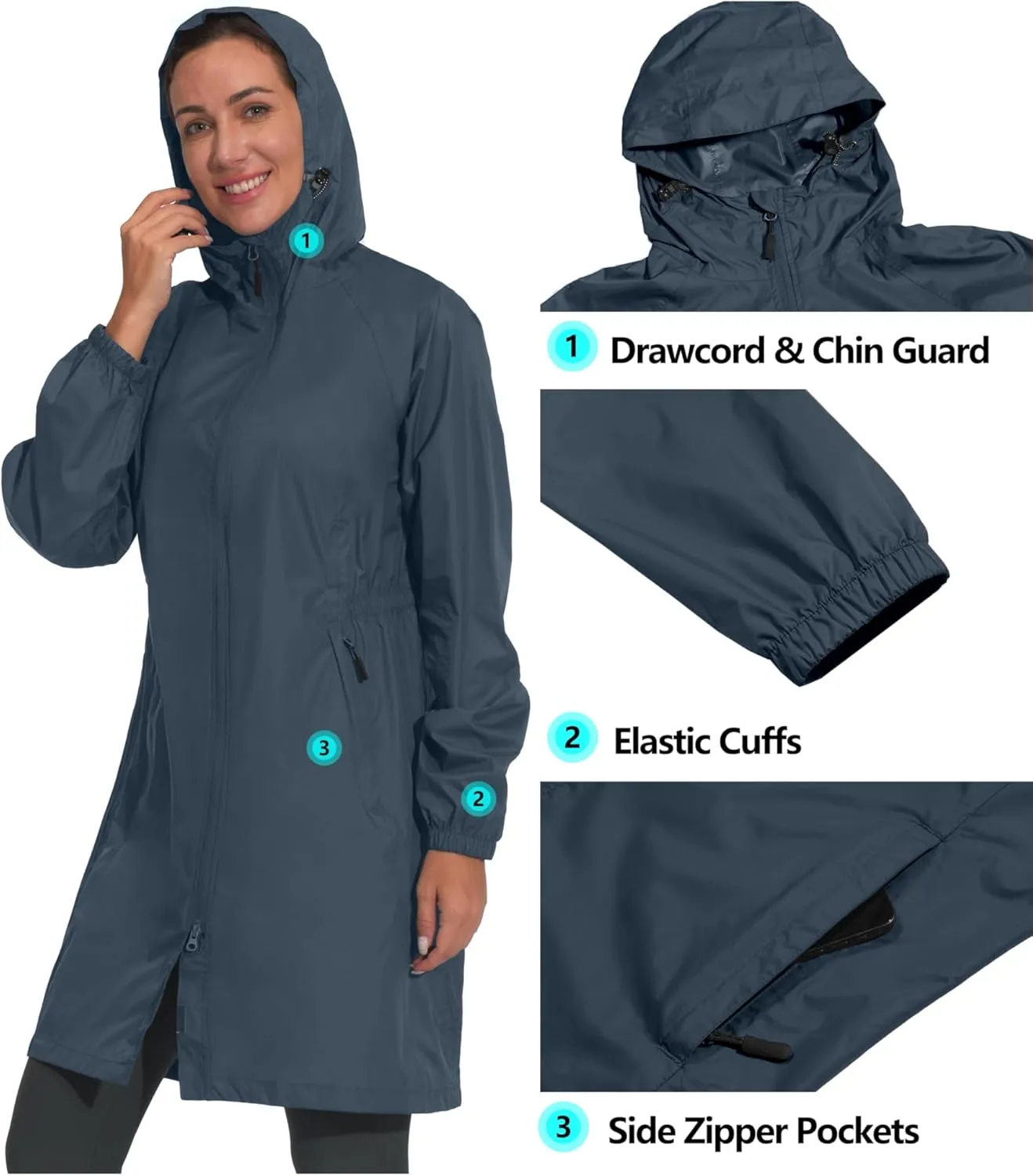 Mapamyumco Women's Ultra-Light Packable Waterproof Long Rain Jacket, Hooded Raincoat with Zipper Pockets