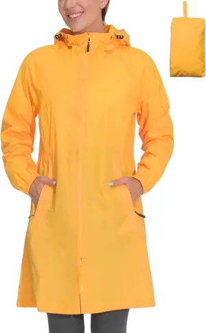 Mapamyumco Women's Ultra-Light Packable Waterproof Long Rain Jacket, Hooded Raincoat with Zipper Pockets