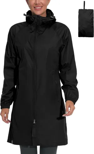 Mapamyumco Women's Ultra-Light Packable Waterproof Long Rain Jacket, Hooded Raincoat with Zipper Pockets