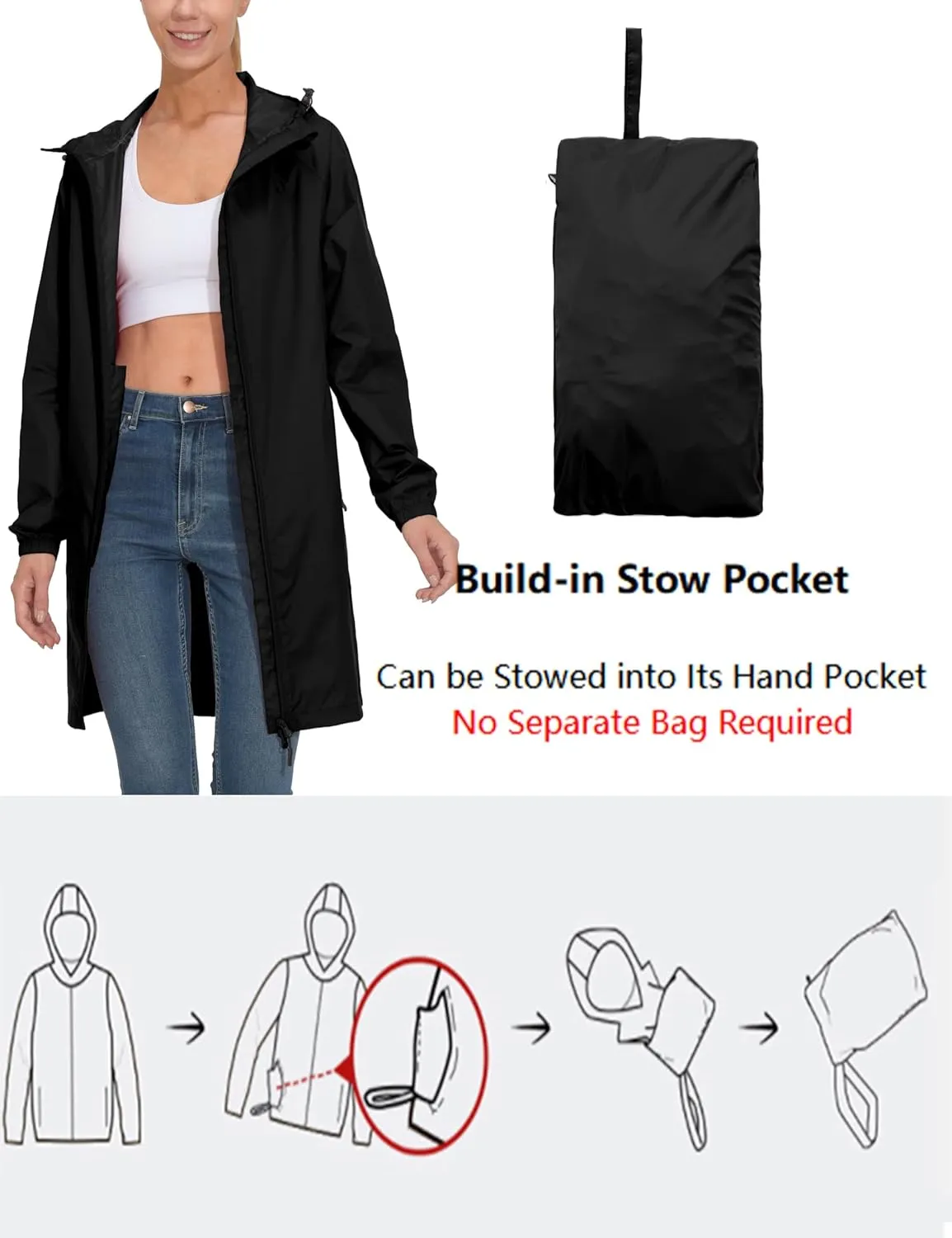 Mapamyumco Women's Ultra-Light Packable Waterproof Long Rain Jacket, Hooded Raincoat with Zipper Pockets