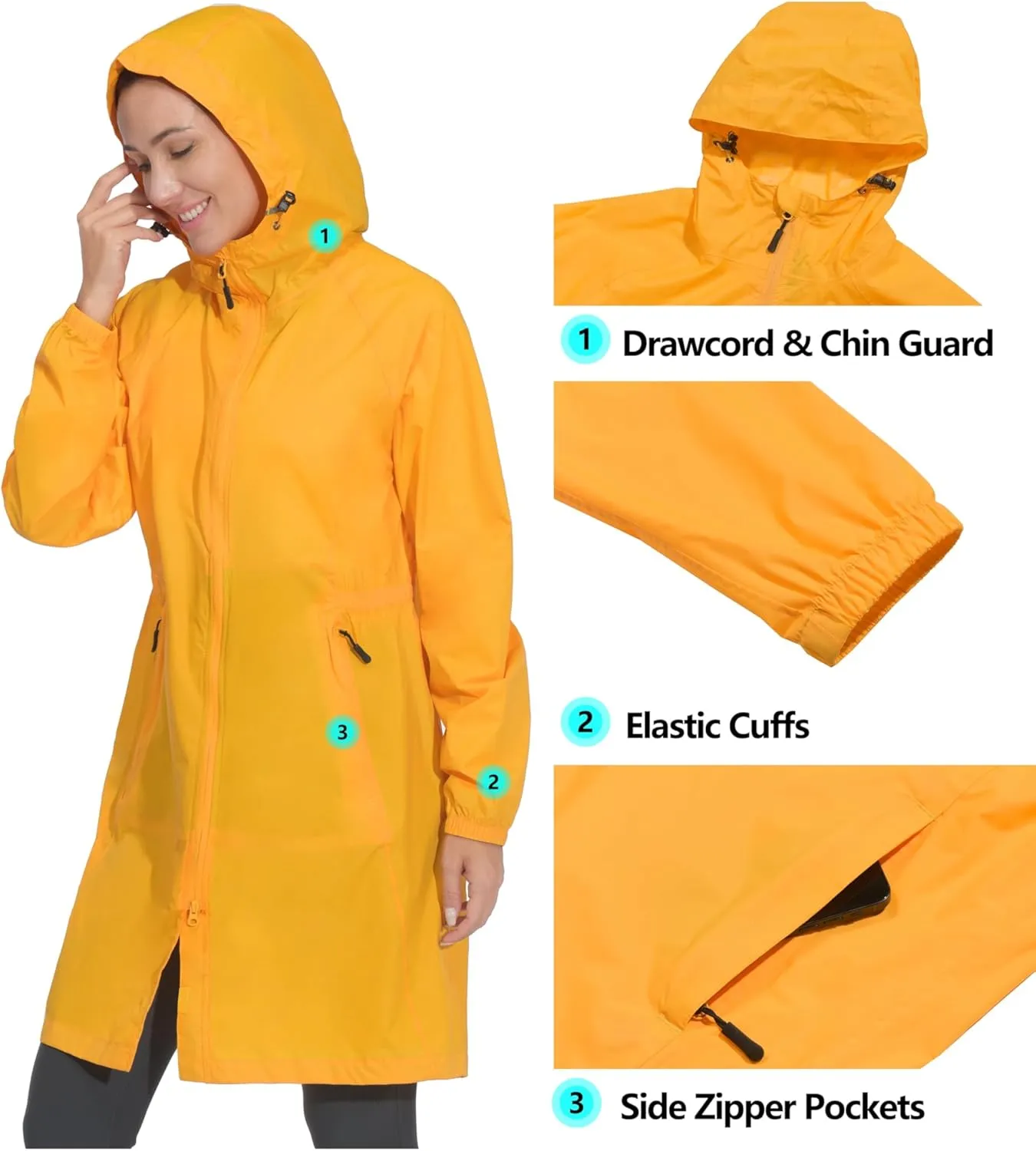 Mapamyumco Women's Ultra-Light Packable Waterproof Long Rain Jacket, Hooded Raincoat with Zipper Pockets