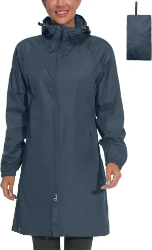 Mapamyumco Women's Ultra-Light Packable Waterproof Long Rain Jacket, Hooded Raincoat with Zipper Pockets