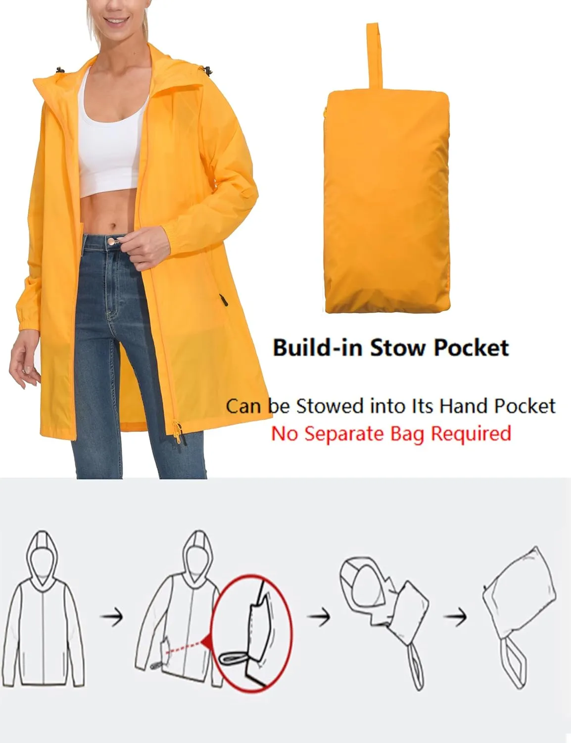 Mapamyumco Women's Ultra-Light Packable Waterproof Long Rain Jacket, Hooded Raincoat with Zipper Pockets