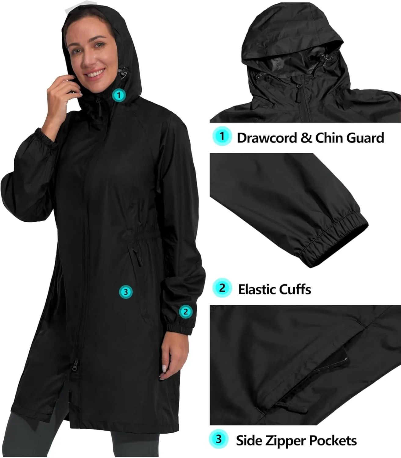 Mapamyumco Women's Ultra-Light Packable Waterproof Long Rain Jacket, Hooded Raincoat with Zipper Pockets