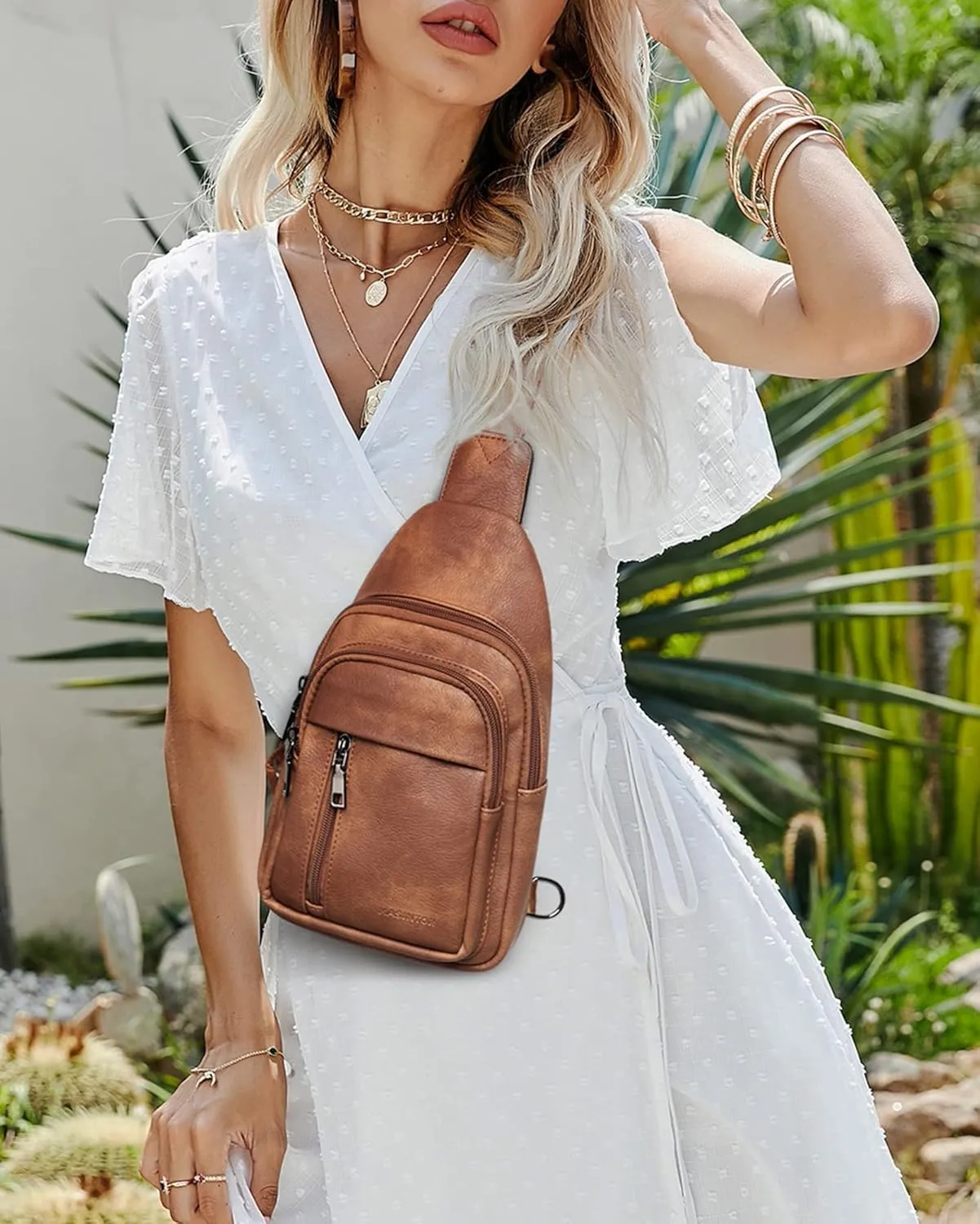 MASINTOR Sling Bag for Women - Crossbody Bags Fanny Pack with Vegan Leather - Adjustable Sling Backack for Travel Mocha Brown