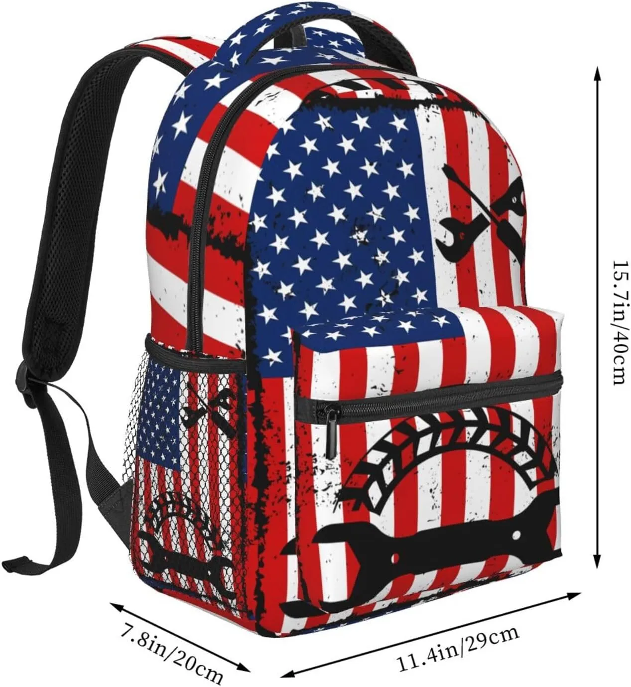 Mechanic American Flag Backpack Casual Pack Bag Laptop Backpack With Side Pocket Front Zipper Pocket Bookpack Travel Daypack Picnic Rucksack