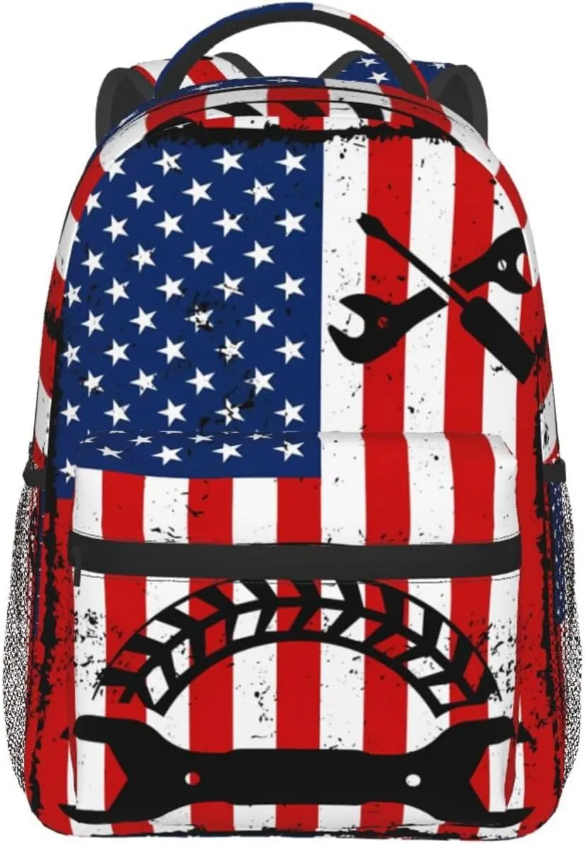 Mechanic American Flag Backpack Casual Pack Bag Laptop Backpack With Side Pocket Front Zipper Pocket Bookpack Travel Daypack Picnic Rucksack