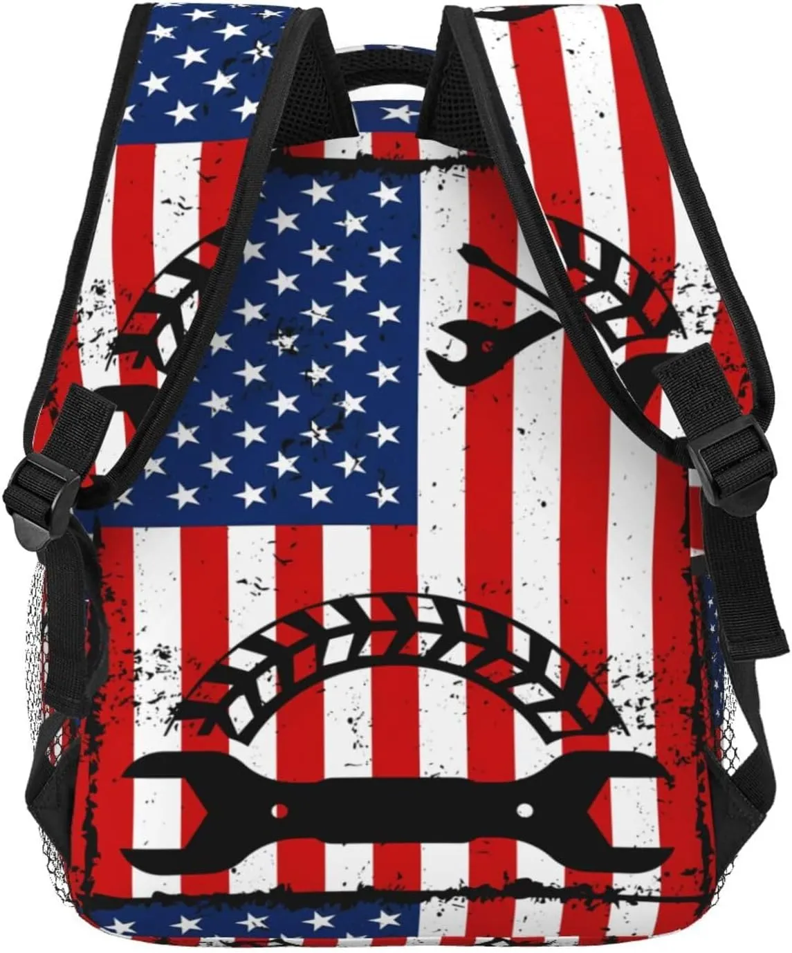 Mechanic American Flag Backpack Casual Pack Bag Laptop Backpack With Side Pocket Front Zipper Pocket Bookpack Travel Daypack Picnic Rucksack