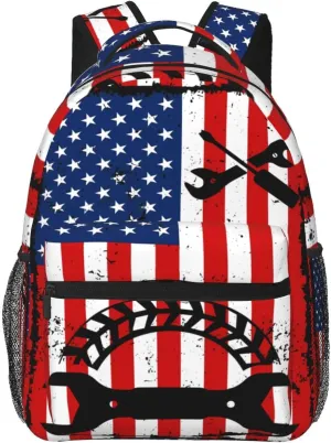 Mechanic American Flag Backpack Casual Pack Bag Laptop Backpack With Side Pocket Front Zipper Pocket Bookpack Travel Daypack Picnic Rucksack