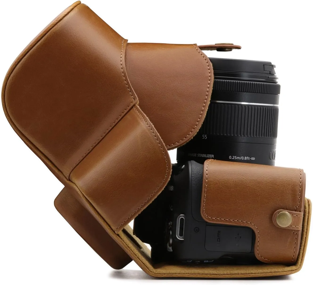MegaGear Leather Camera Case Compatible with Canon EOS Rebel SL3, Kiss X10, Rebel SL2, Kiss X9 18-55mm Lens