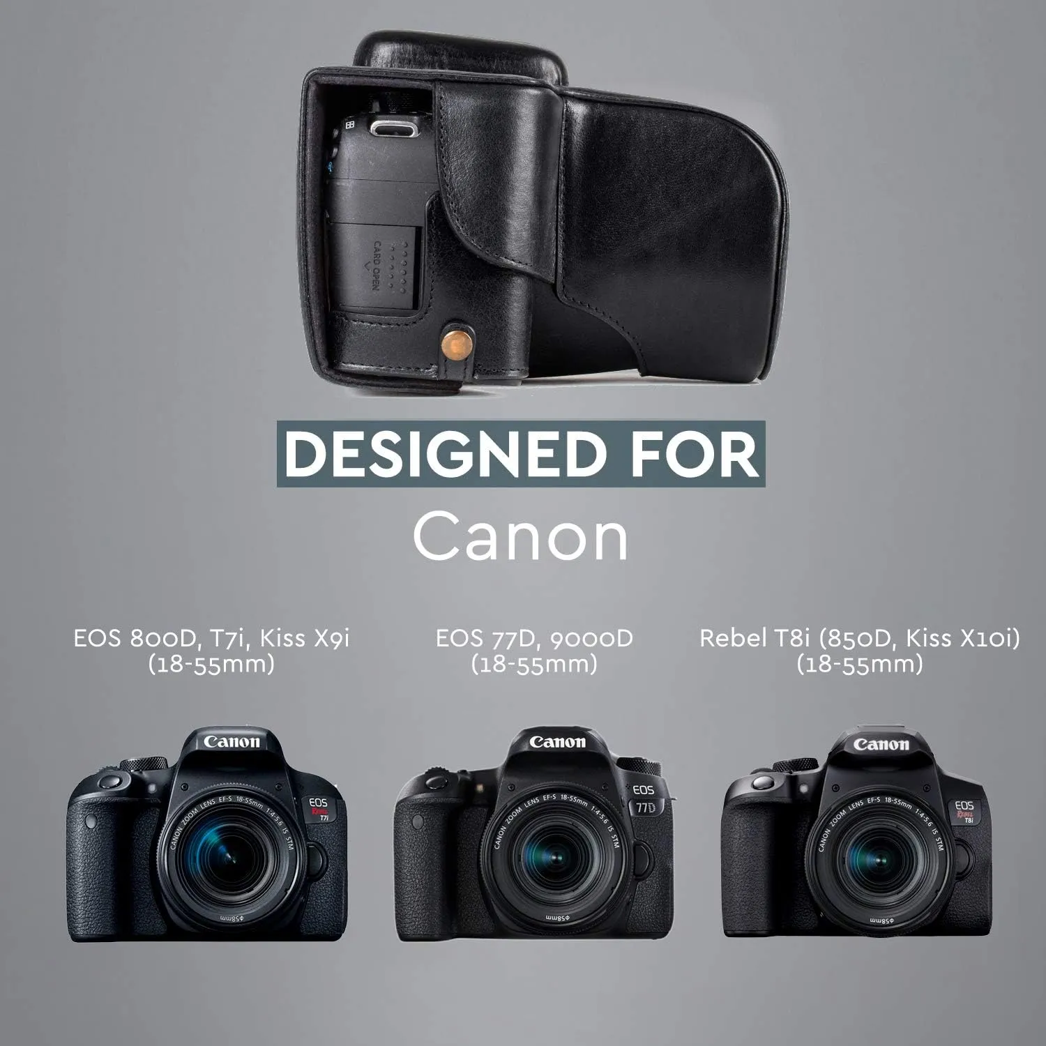 MegaGear MG1192 Ever Ready Genuine Leather Camera Case Compatible with Canon EOS Rebel T8i, Kiss X10i, Rebel T7i, Kiss X9i, 77D, 9000D (18-55mm), Black