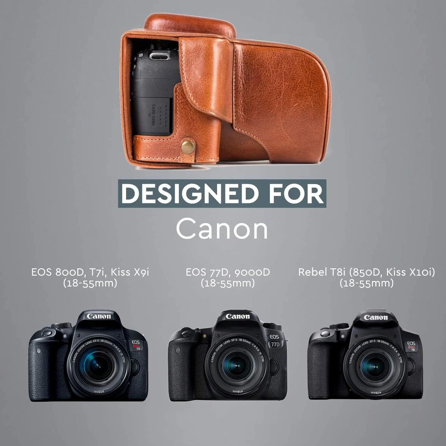 MegaGear MG1193 Ever Ready Genuine Leather Camera Case Compatible with Canon EOS Rebel T8i, Kiss X10i, Rebel T7i, Kiss X9i, 77D, 9000D (18-55mm), Dark Brown