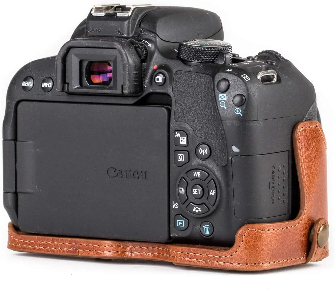 MegaGear MG1193 Ever Ready Genuine Leather Camera Case Compatible with Canon EOS Rebel T8i, Kiss X10i, Rebel T7i, Kiss X9i, 77D, 9000D (18-55mm), Dark Brown