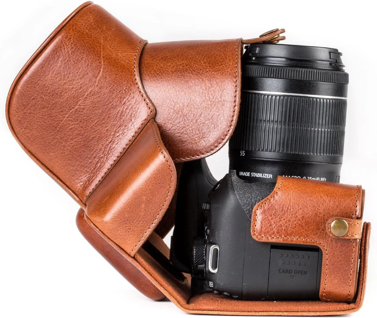 MegaGear MG1193 Ever Ready Genuine Leather Camera Case Compatible with Canon EOS Rebel T8i, Kiss X10i, Rebel T7i, Kiss X9i, 77D, 9000D (18-55mm), Dark Brown