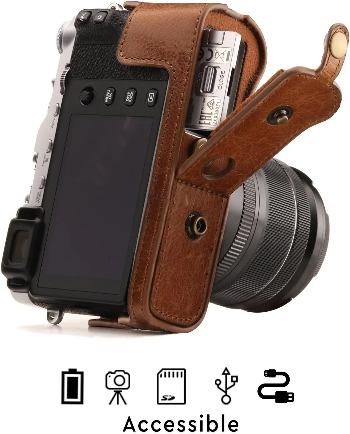 MegaGear MG1340 Ever Ready Genuine Leather Camera Case & Strap for Fujifilm X-E3 (23mm & 18-55mm) with Battery Access, Light Brown