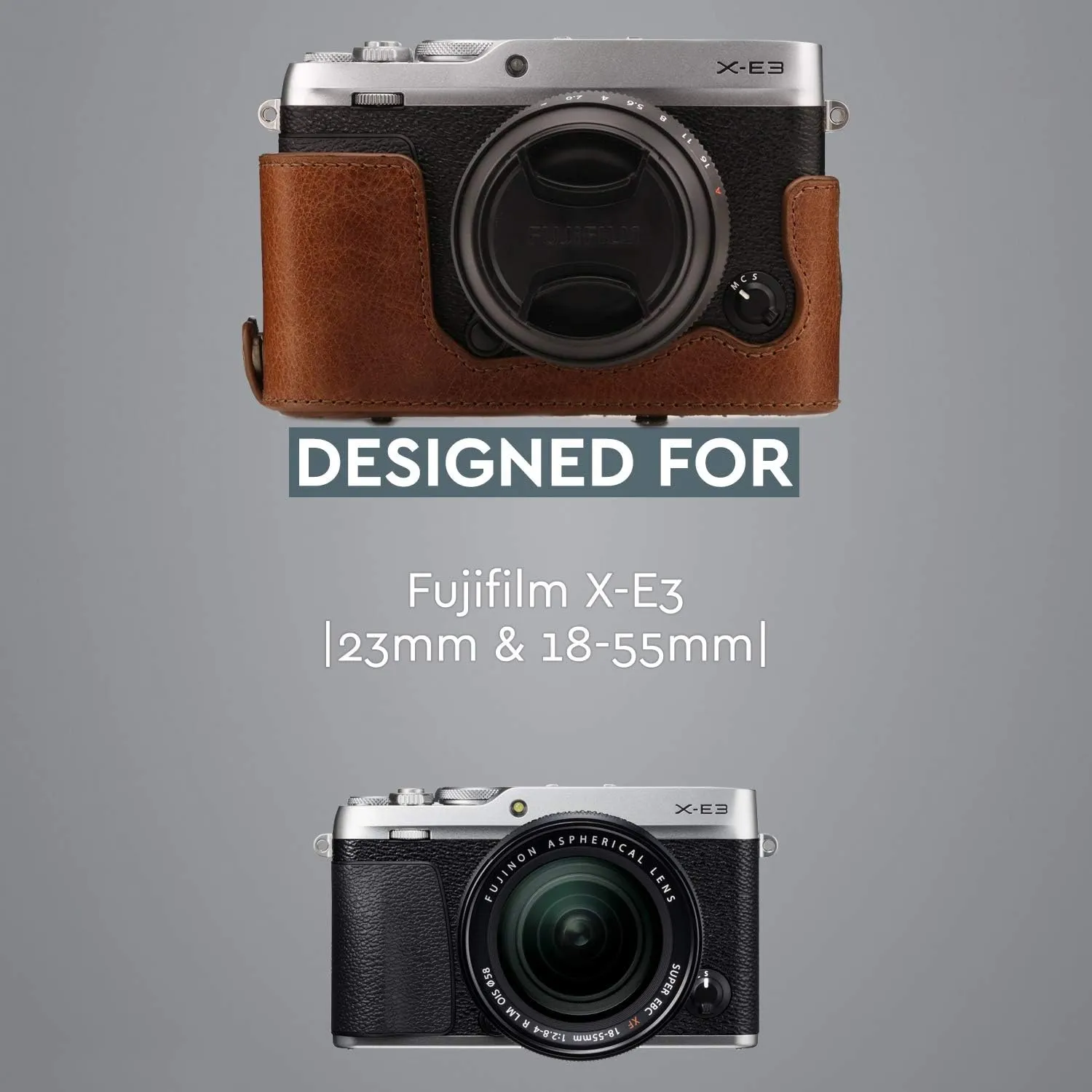 MegaGear MG1340 Ever Ready Genuine Leather Camera Case & Strap for Fujifilm X-E3 (23mm & 18-55mm) with Battery Access, Light Brown