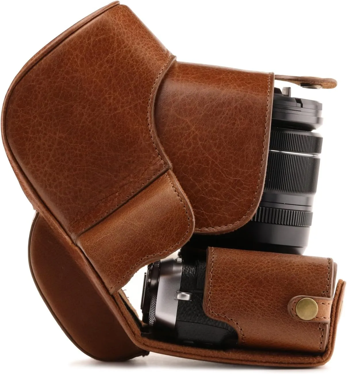 MegaGear MG1340 Ever Ready Genuine Leather Camera Case & Strap for Fujifilm X-E3 (23mm & 18-55mm) with Battery Access, Light Brown