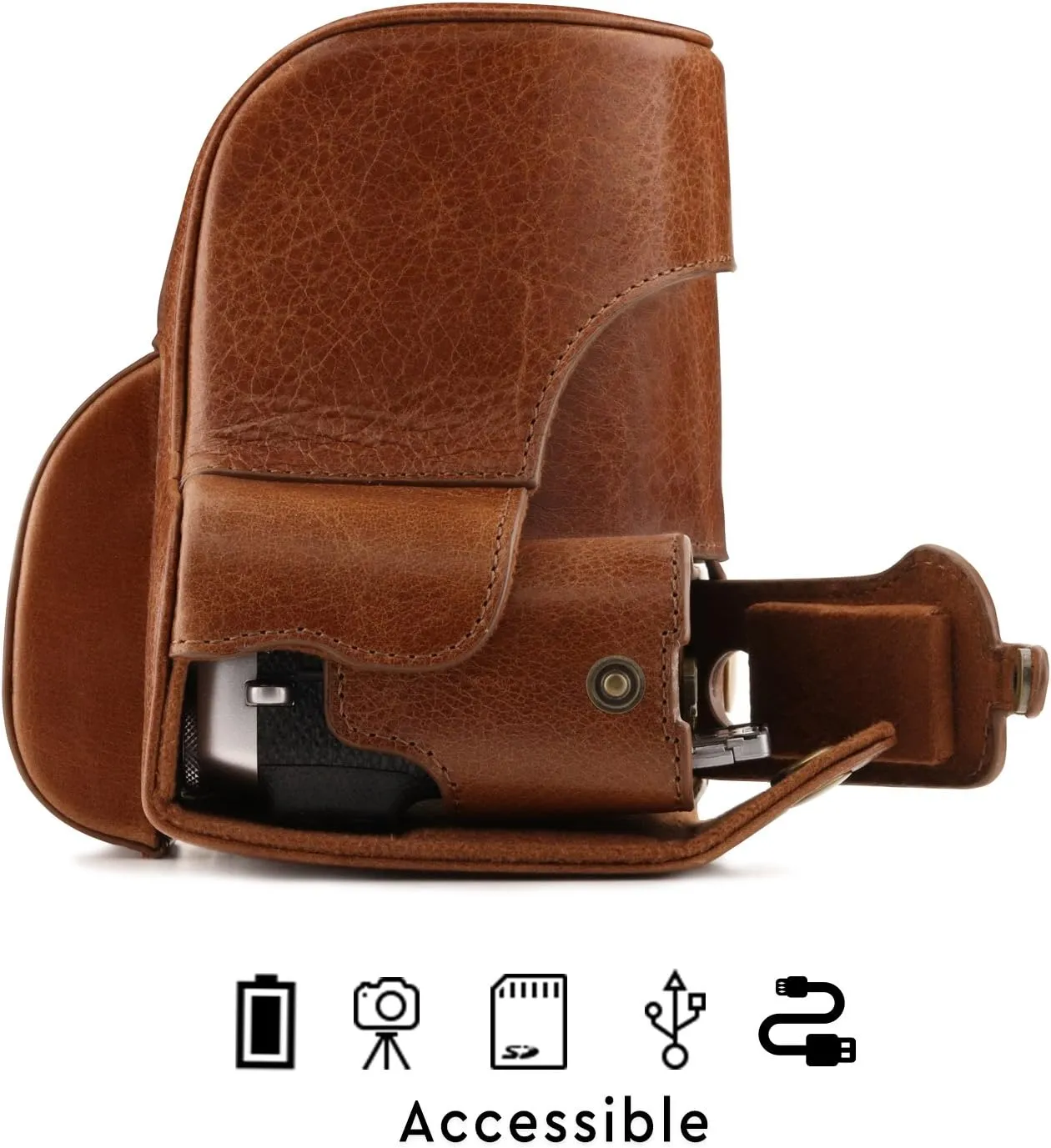 MegaGear MG1340 Ever Ready Genuine Leather Camera Case & Strap for Fujifilm X-E3 (23mm & 18-55mm) with Battery Access, Light Brown