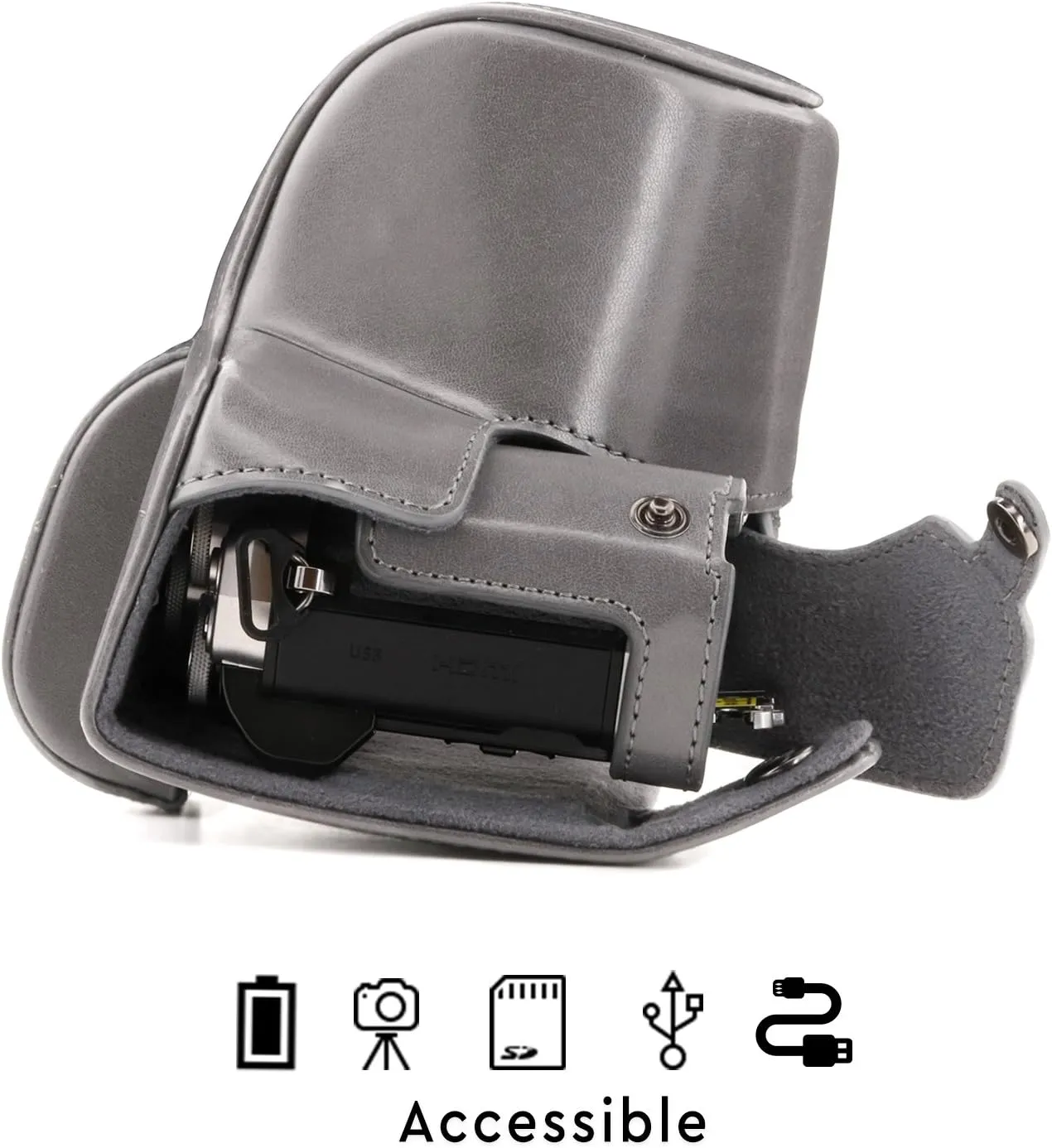 MegaGear Olympus OM-D E-M10 Mark III (14-42mm) Ever Ready Leather Camera Case and Strap, with Battery Access - Gray - MG1348