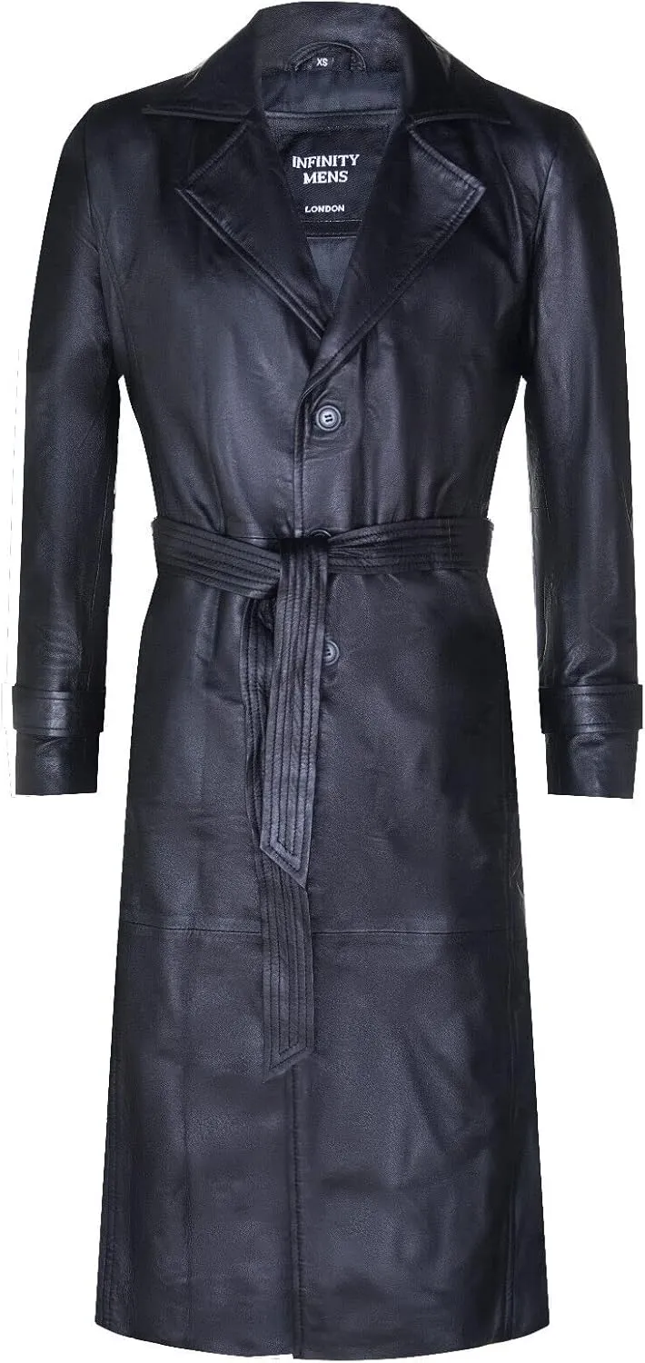 Men's Black Leather Classic Full Length Long Trench Coat