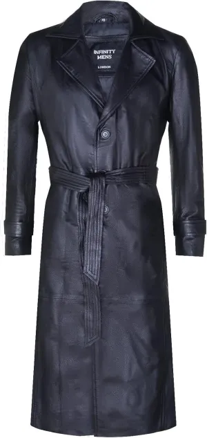 Men's Black Leather Classic Full Length Long Trench Coat