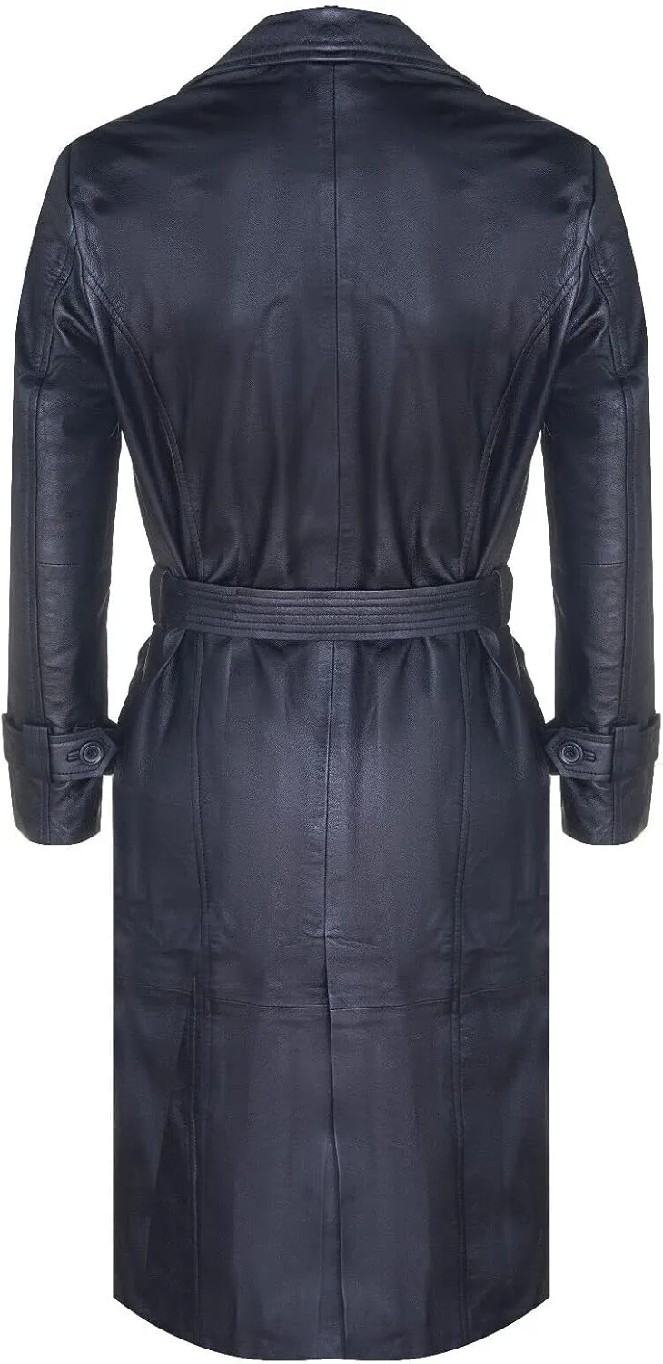 Men's Black Leather Classic Full Length Long Trench Coat