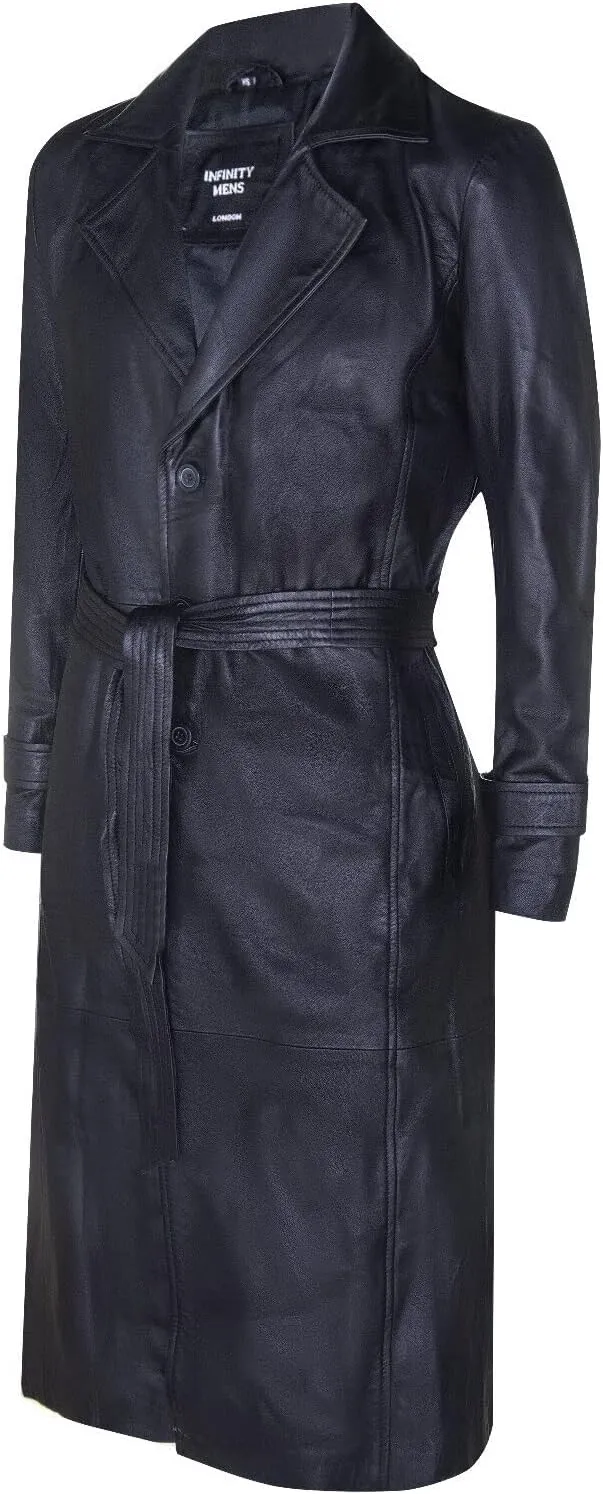 Men's Black Leather Classic Full Length Long Trench Coat