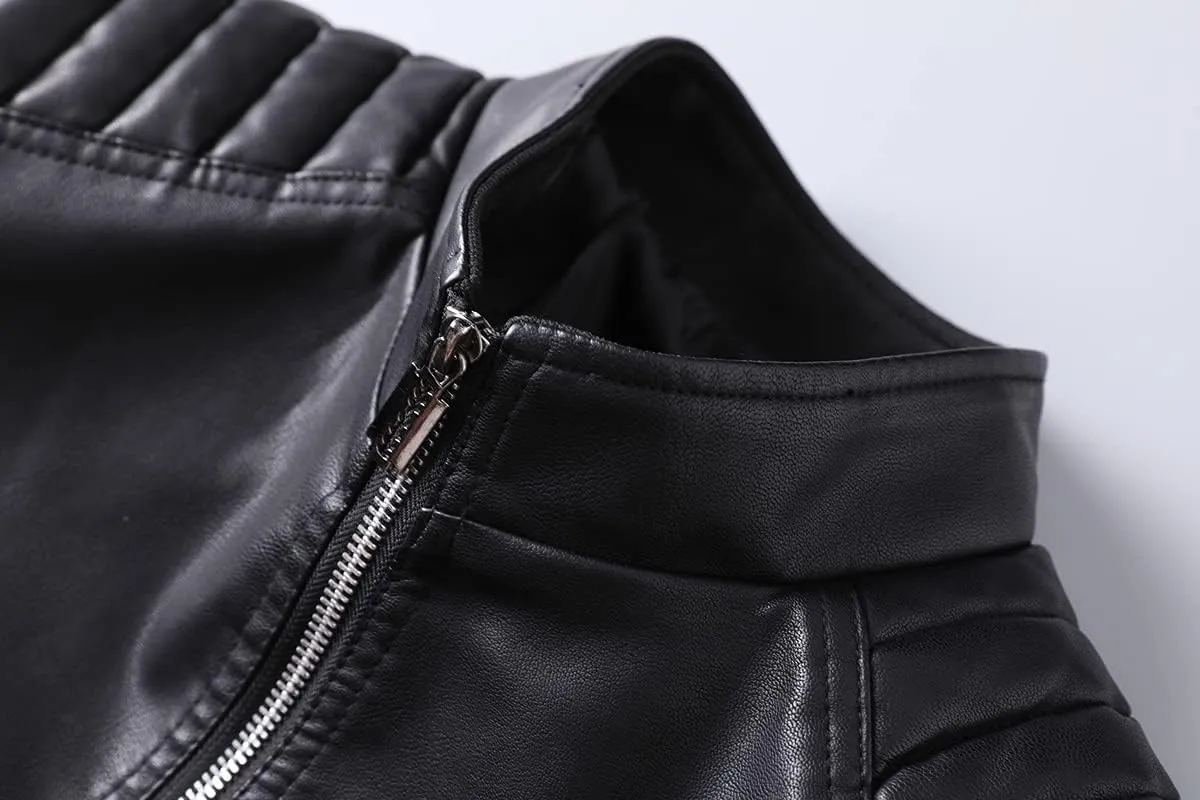 Mens Casual Stand Collar Slim Fit Faux Leather Jacket Biker Motorcycle Jacket