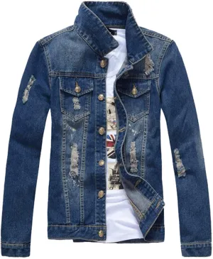 Mens Classic Ripped Motorcycle Denim Jacket With Hole