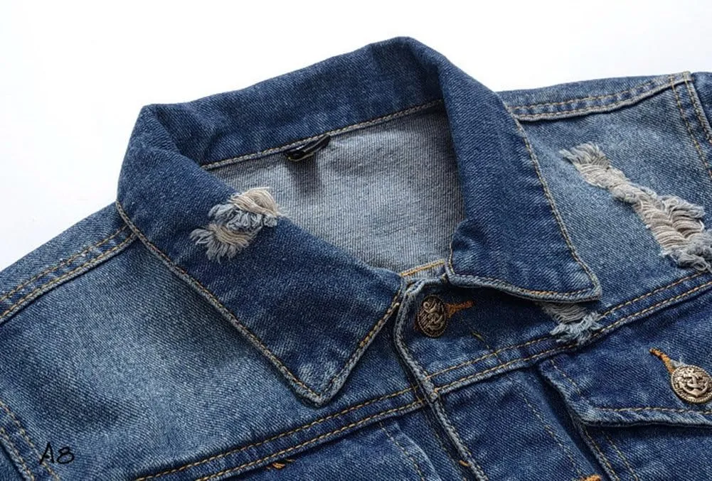 Mens Classic Ripped Motorcycle Denim Jacket With Hole