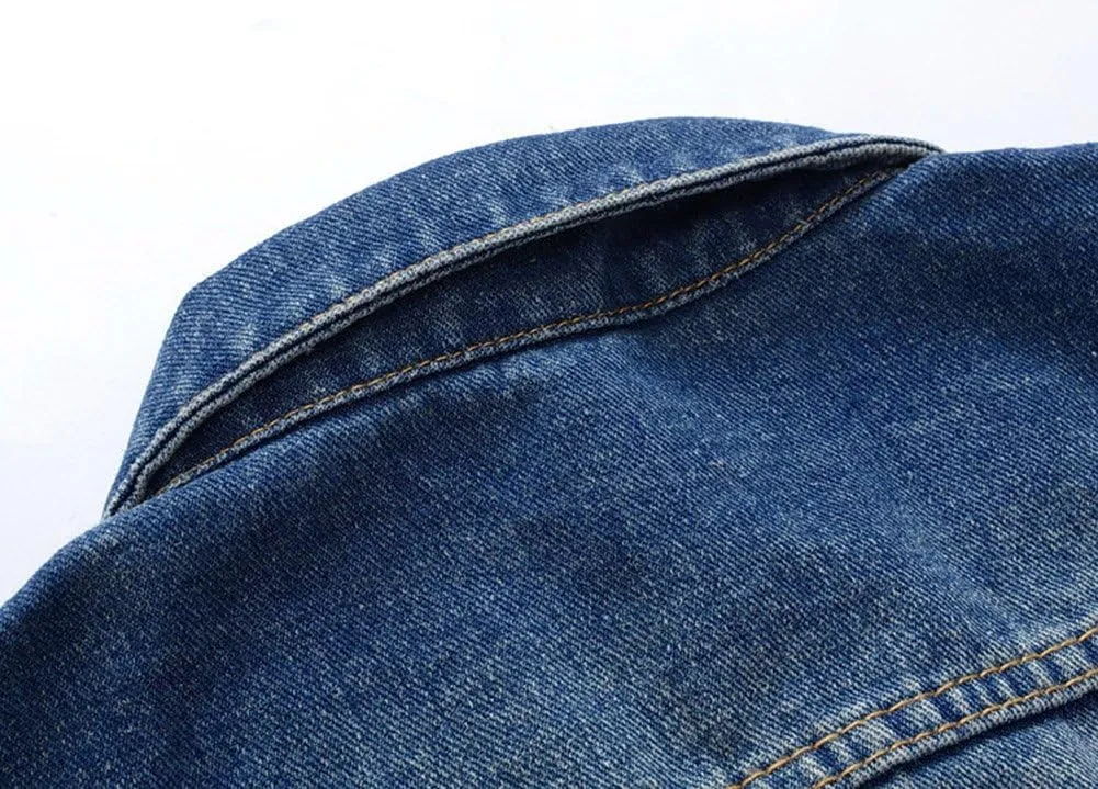 Mens Classic Ripped Motorcycle Denim Jacket With Hole