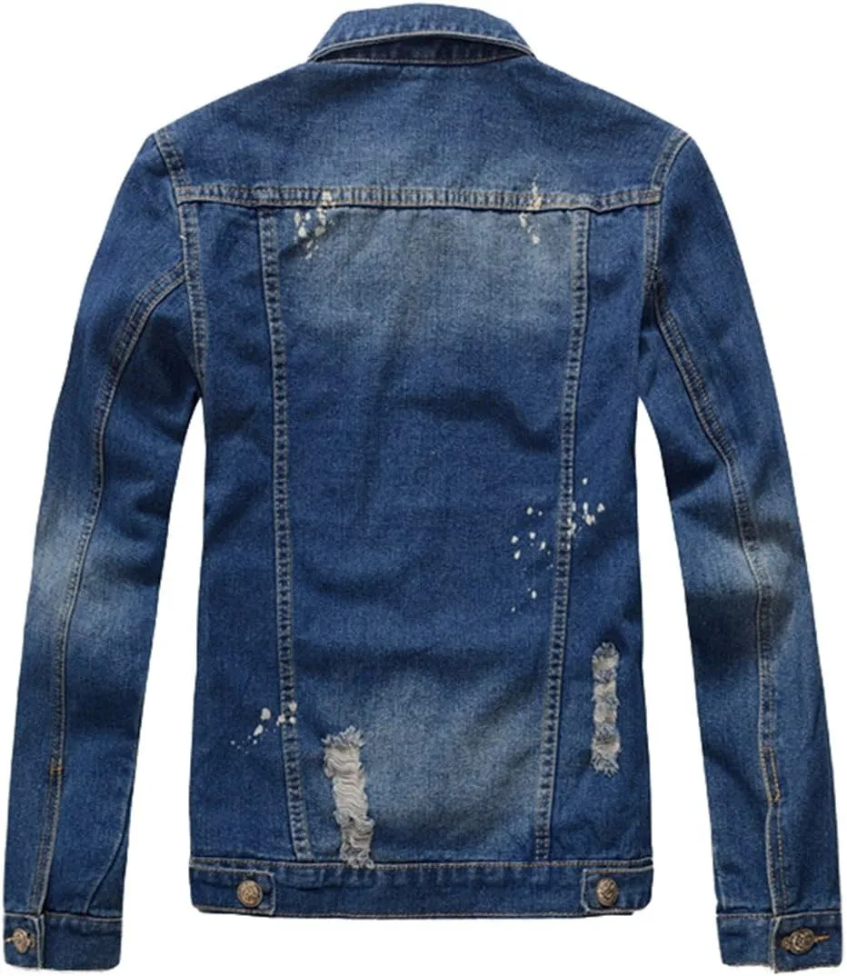 Mens Classic Ripped Motorcycle Denim Jacket With Hole
