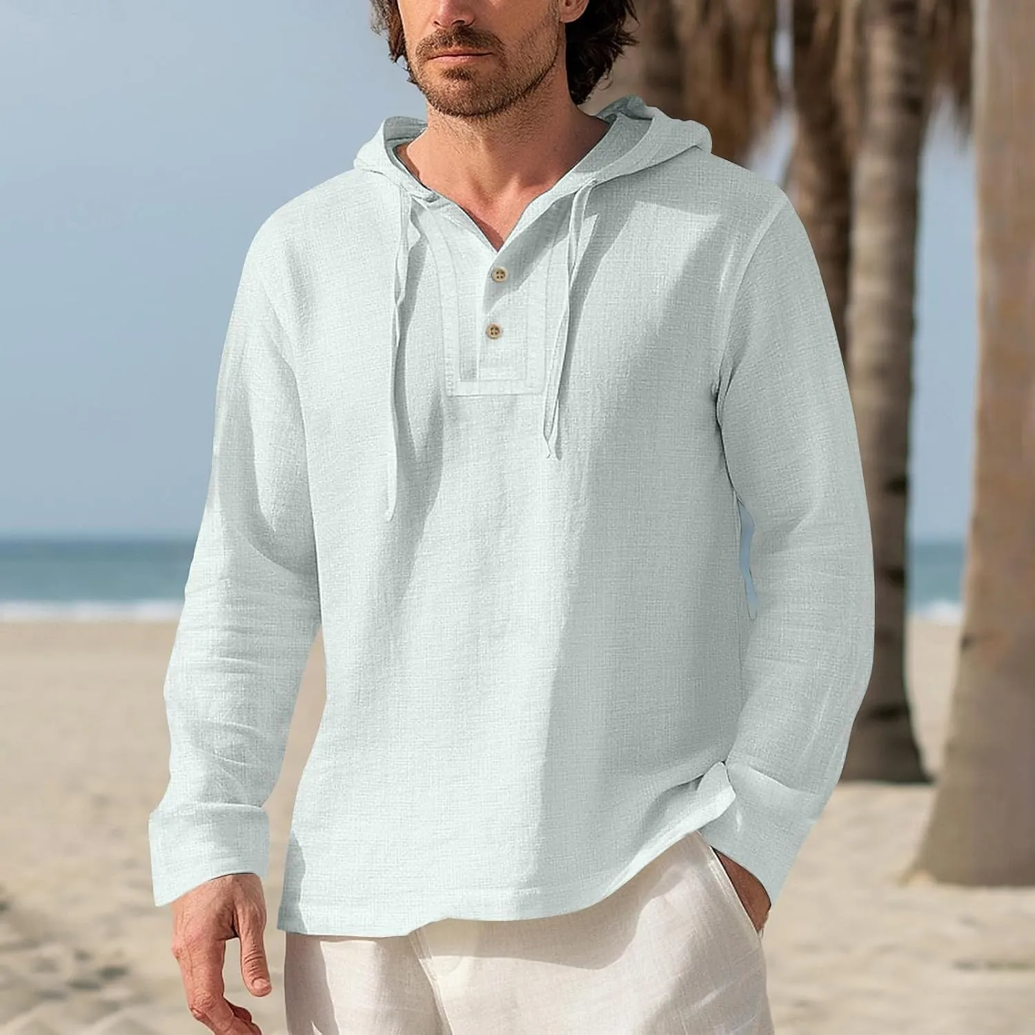Mens Cotton Linen Hoodies Sun Protection Lightweight Beach Shirt Long Sleeve V Neck Button Down Hooded Shirt