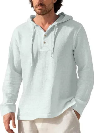 Mens Cotton Linen Hoodies Sun Protection Lightweight Beach Shirt Long Sleeve V Neck Button Down Hooded Shirt