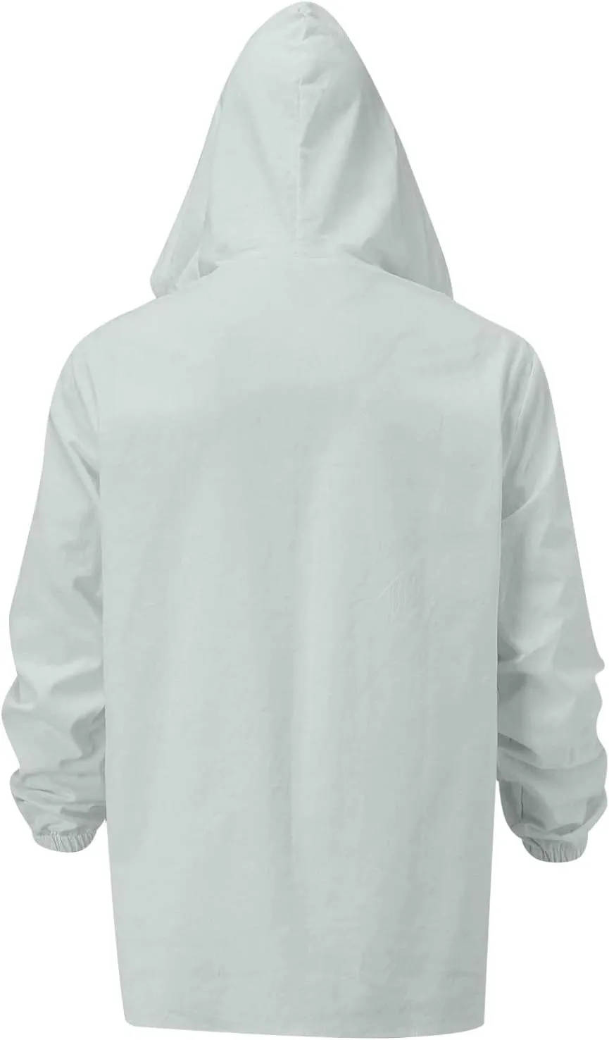 Mens Cotton Linen Hoodies Sun Protection Lightweight Beach Shirt Long Sleeve V Neck Button Down Hooded Shirt