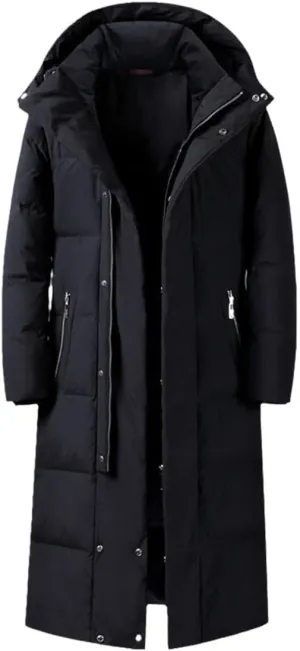 Men's Down Jacket Hooded Knee-Length Thick Winter Jacket Fashion White Duck Down Coat Plus Size