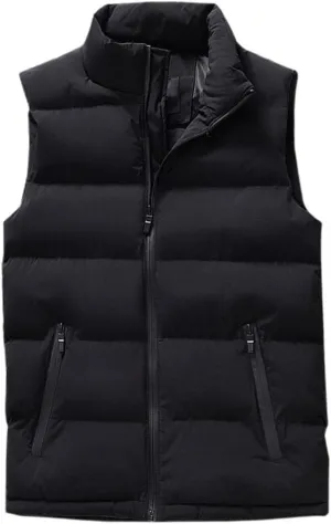 Men's Down Vest - Autumn Winter Men Vest Cotton Padded Men Waistcoat Solid Color Stand Collar Zipped Pockets Jacket