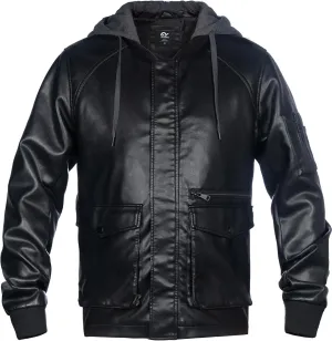 Mens Faux Leather Jacket, Padded Windbreaker, Motorcycle Biker Bomber Coat with Hood