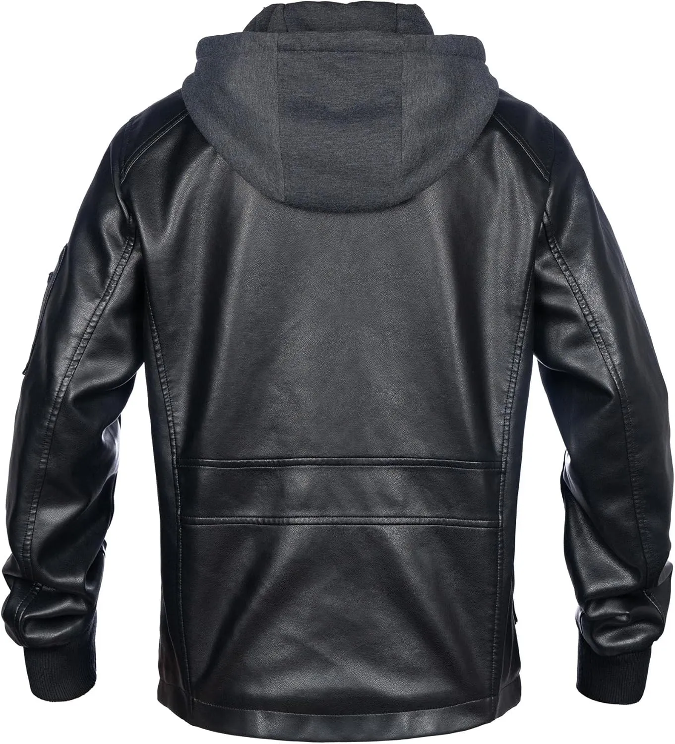 Mens Faux Leather Jacket, Padded Windbreaker, Motorcycle Biker Bomber Coat with Hood