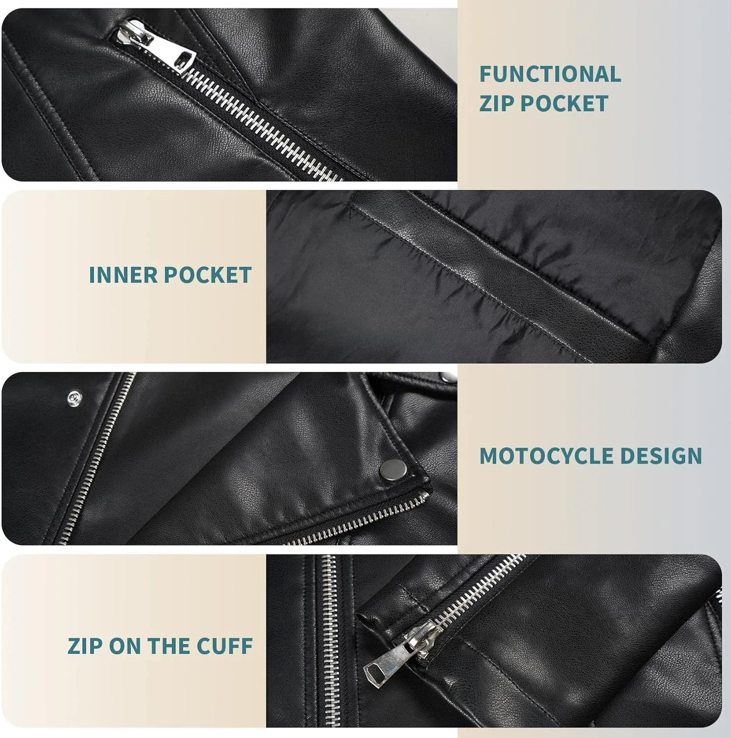Mens Faux Leather Jacket, Padded Windbreaker, Motorcycle Biker Bomber Coat with Hood