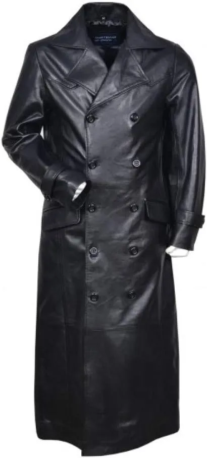 Men's German WWII Classic Officer Black Cowhide Leather Trench Coat