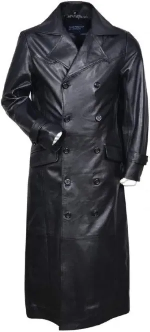 Men's German WWII Classic Officer Black Cowhide Leather Trench Coat
