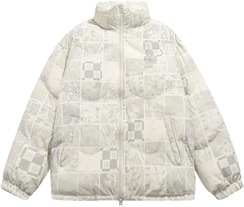 Men's Letters Printed Cotton Padded Couples Thermal Coat Unisex Printed Plaid Stand Collar Parka