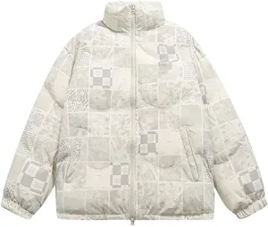 Men's Letters Printed Cotton Padded Couples Thermal Coat Unisex Printed Plaid Stand Collar Parka