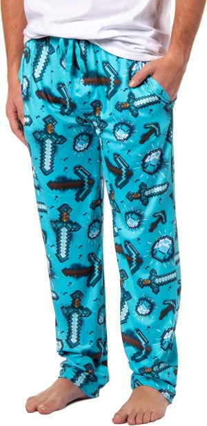 Men's Minecraft Pajama Pants Diamond Art Pickaxe And Sword Adult Sleep Pants | Minecraft Pajamas For Men